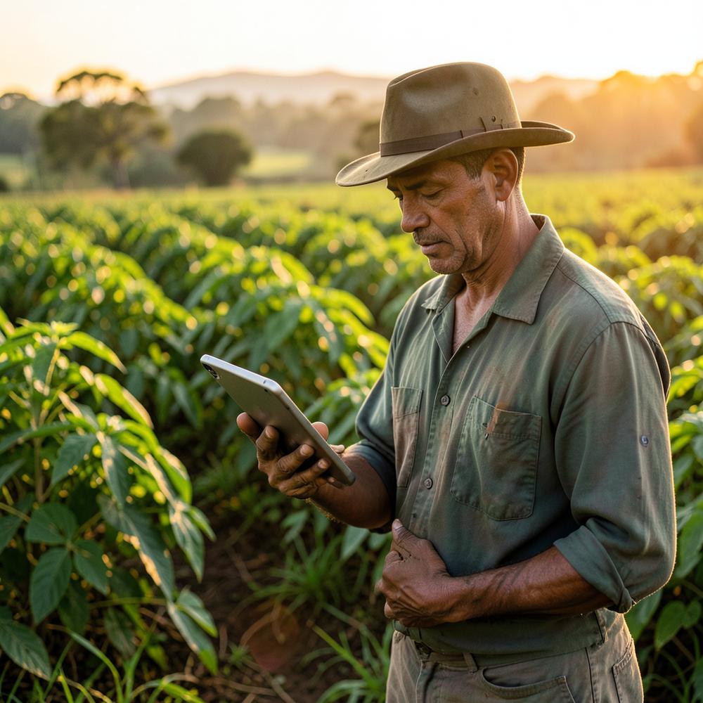 Produtor rural analisando dados em um tablet no meio da lavoura